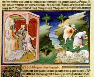 Ms Fr 2810 f.54, Fiskeri efter perler og indsamling af turkiser i Gaindu-provinsen, fra "Livre des Merveilles du Monde", ca.1410-12 (tempera på pergament)